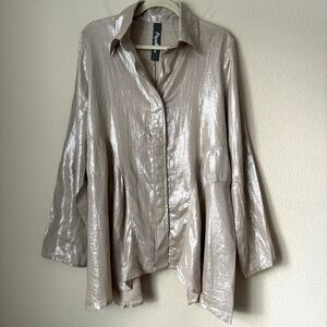 NEW Linen Shimmer Lagenlook Asymmetrical Hem Button Down Tunic Shirt
